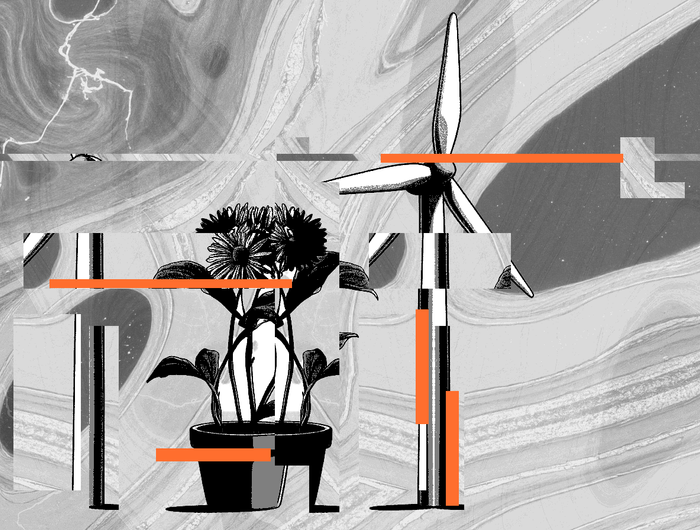 A glitchy wind turbine and a flowering plant in a pot