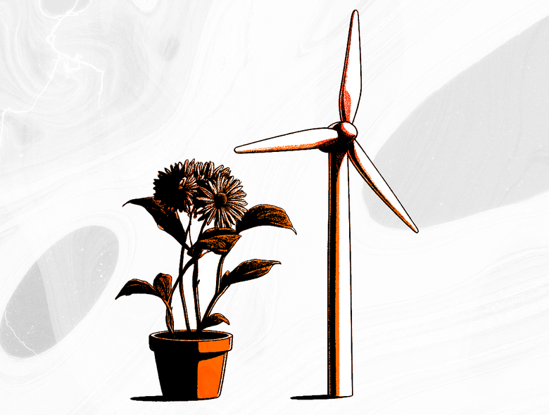 A wind turbine with a potted plant next to it