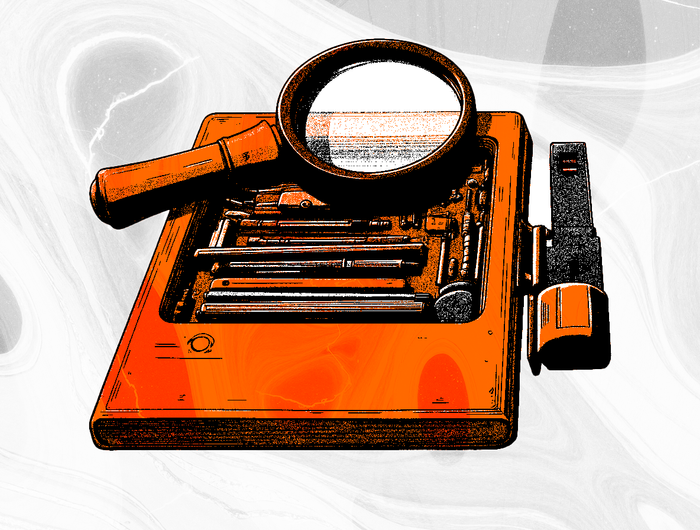 A kit of tools with a magnifying glass